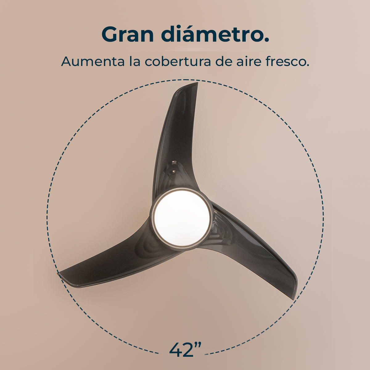 Ein dunkler Deckenventilator mit drei Flügeln und integrierter Beleuchtung, umgeben von einer gestrichelten Linie.