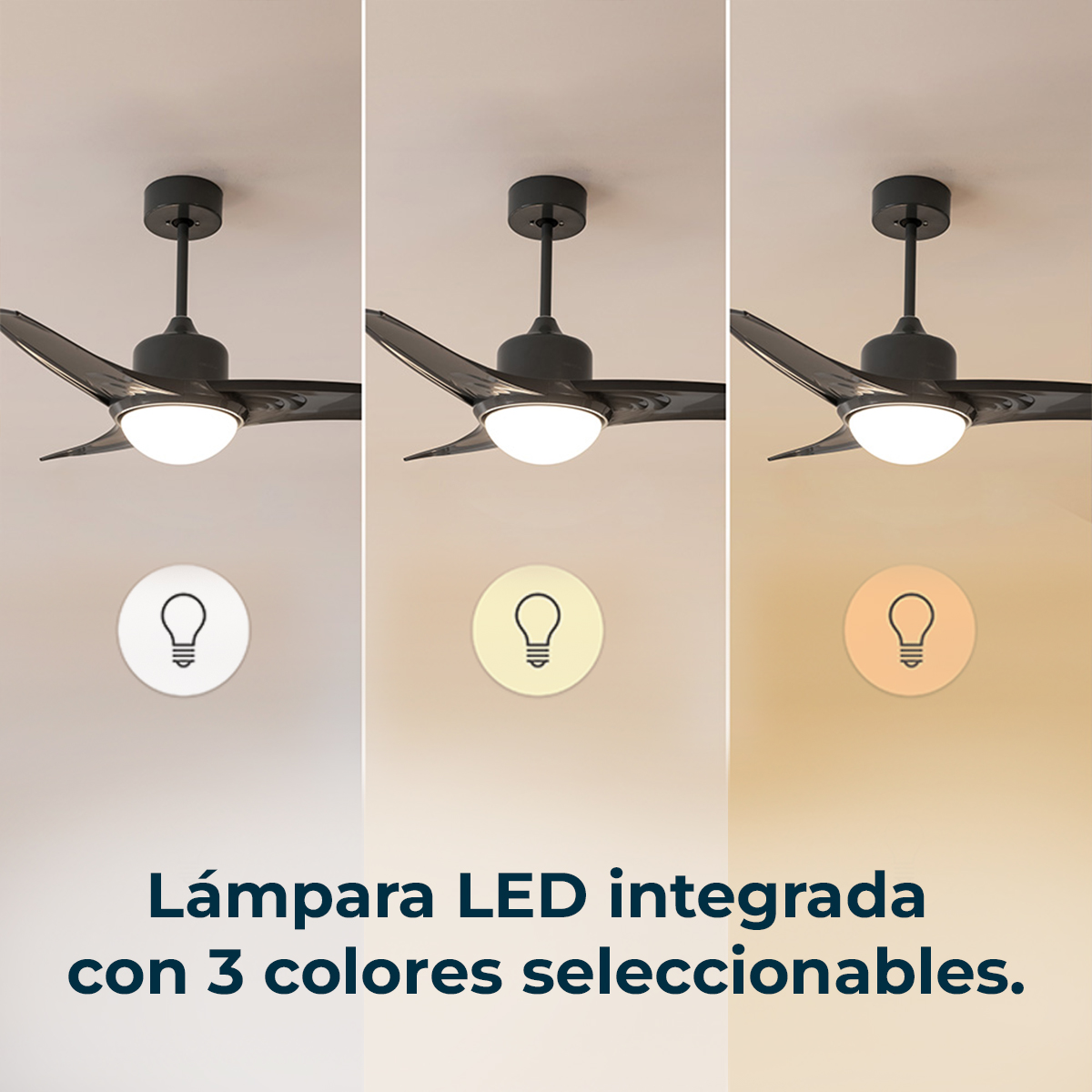 Ein schwarzer Deckenventilator mit integriertem LED-Licht und drei wählbaren Farbtemperaturen, von weiß bis warmgelb.
