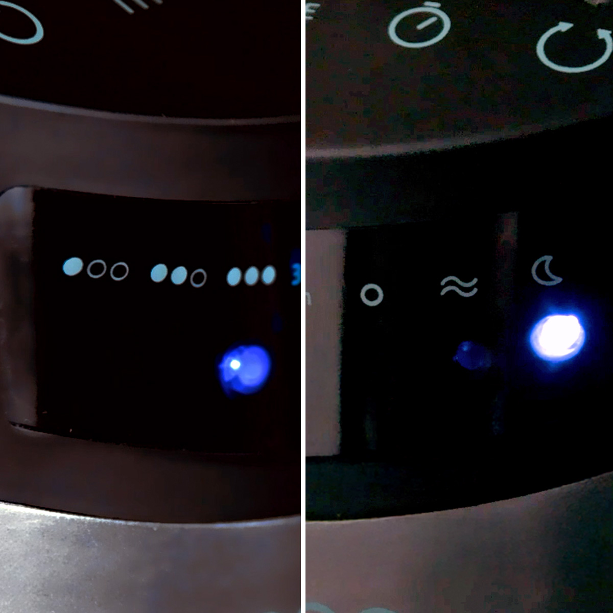 Nahaufnahme von Bedienfeldern mit blauen LED-Anzeigen auf einem dunklen Gerät.