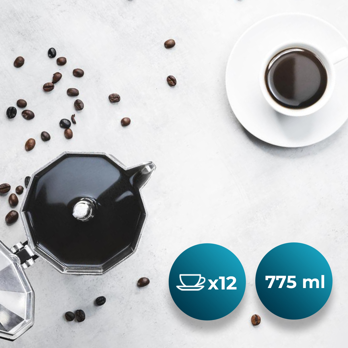 Vista cenital de una cafetera italiana, granos de café y una taza de café con dos iconos azules.