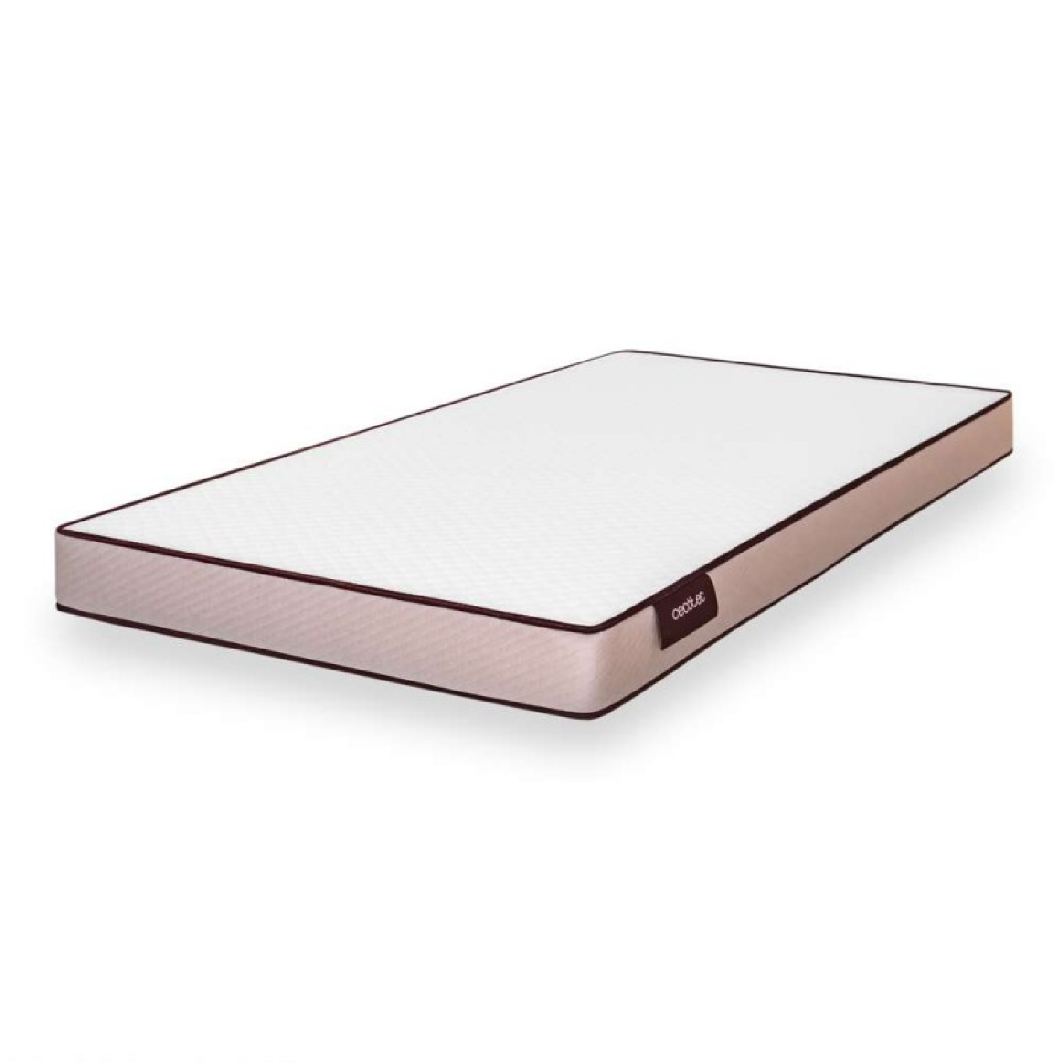 Un colchón blanco rectangular con ribete rojo oscuro sobre fondo blanco.