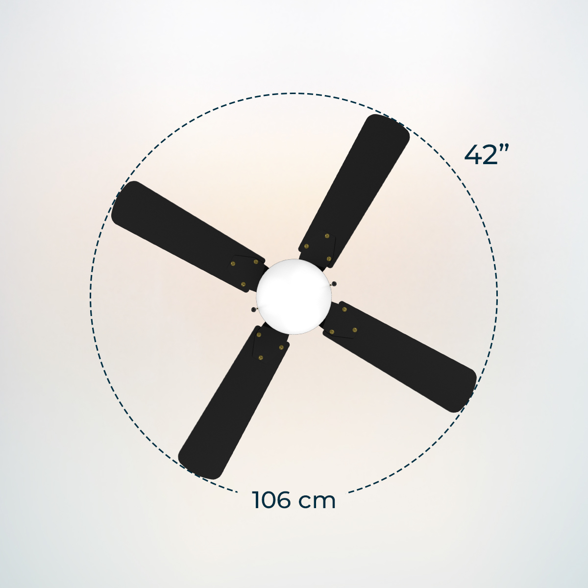 Ventilatore da soffitto nero con quattro pale e diametro di 106 cm (42 pollici).