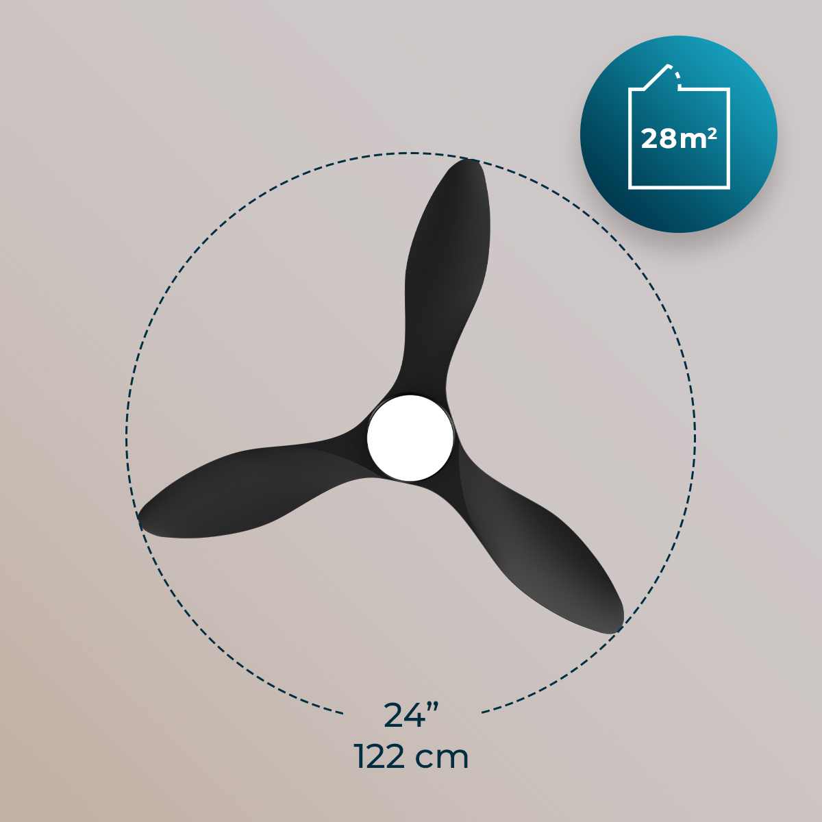 Un ventilatore da soffitto nero con tre pale e centro bianco, all'interno di un cerchio tratteggiato.