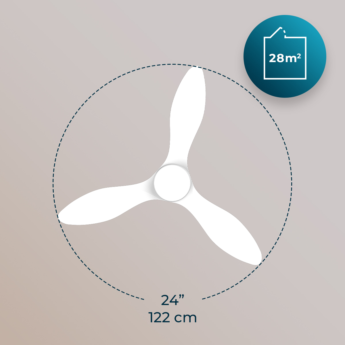 Schema di un ventilatore da soffitto bianco a tre pale, diametro 122 cm per stanze di 28 m².