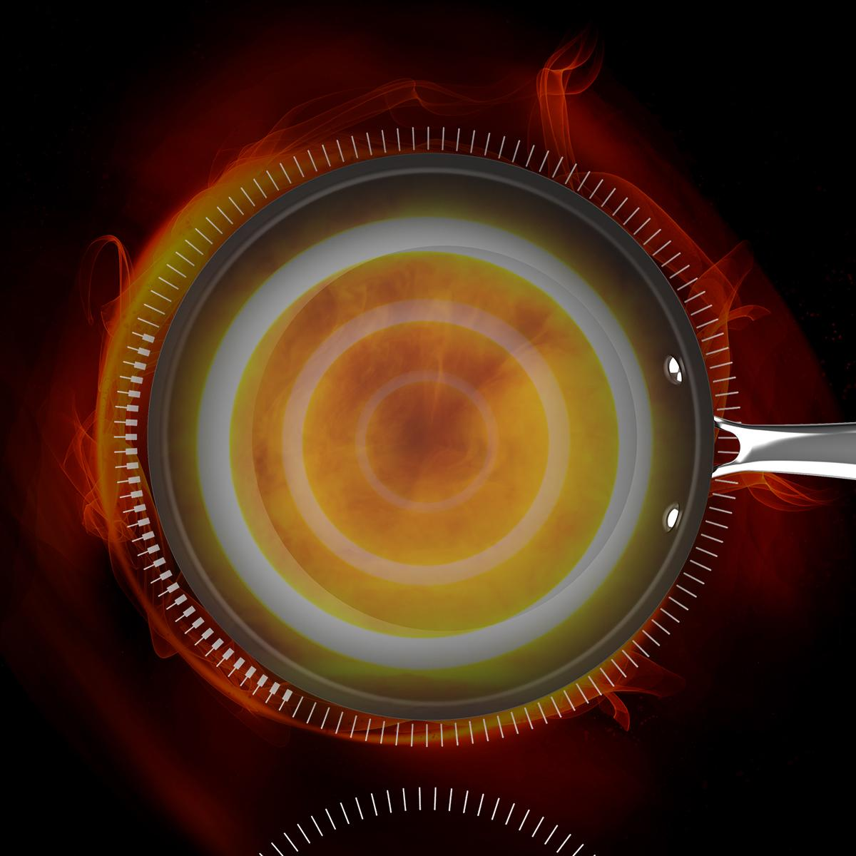 Una padella su un piano cottura a induzione con calore e fiamme visibili.