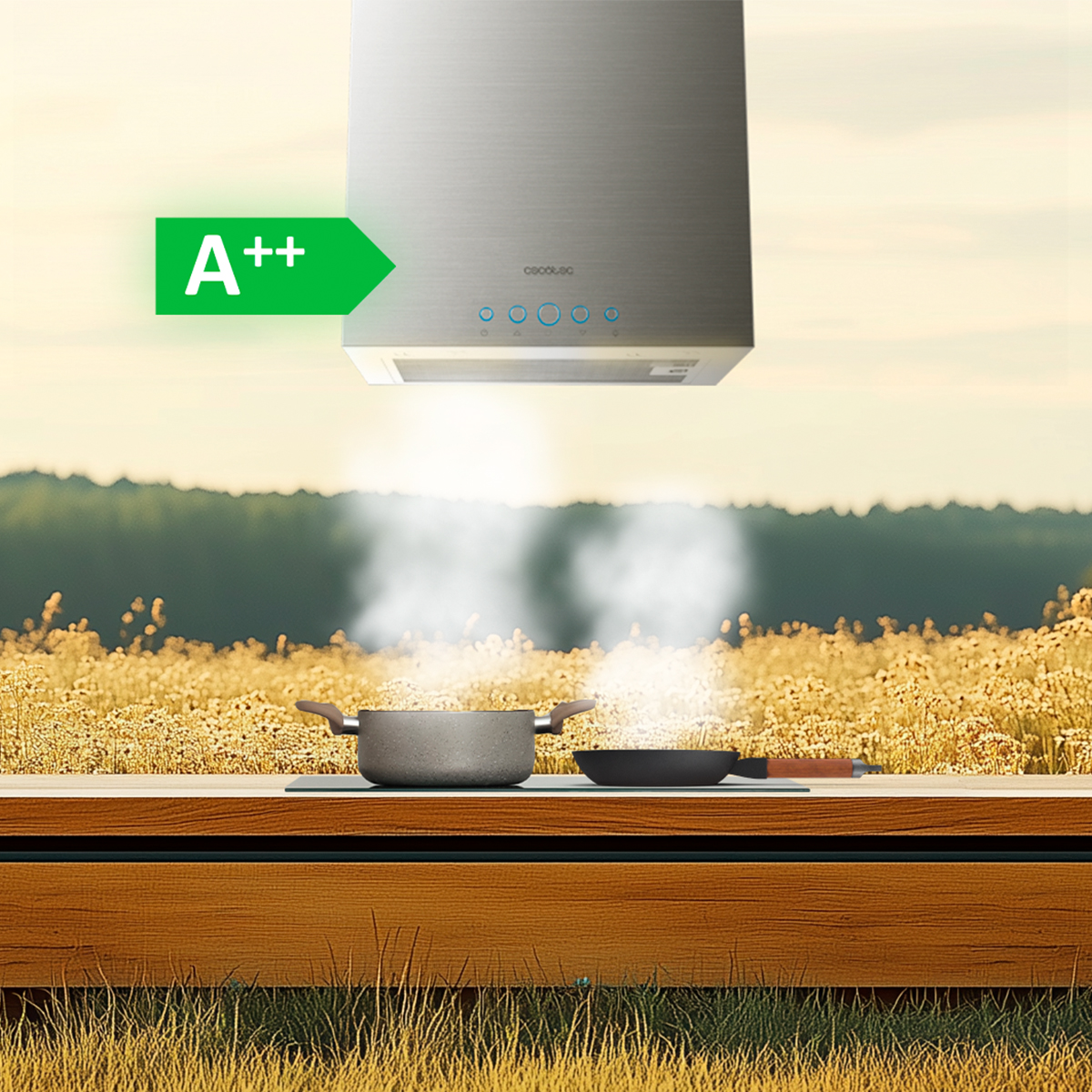 Una campana extractora A++ sobre una olla y una sartén al aire libre con un campo al fondo.