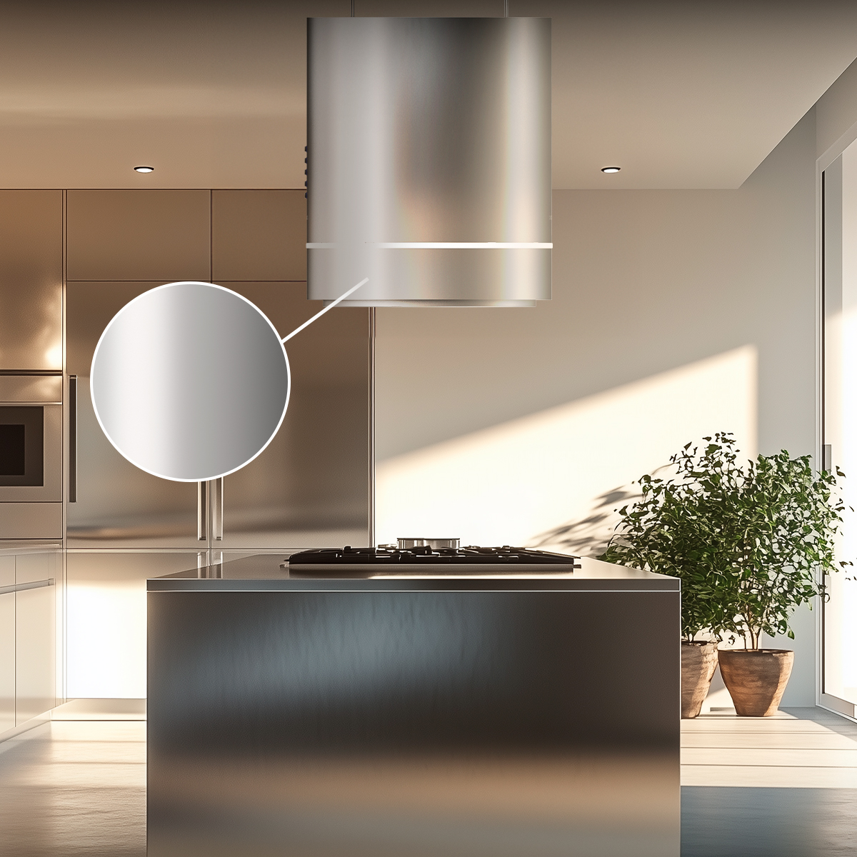 Una cocina moderna con isla metálica, campana cilíndrica y planta en maceta al fondo.