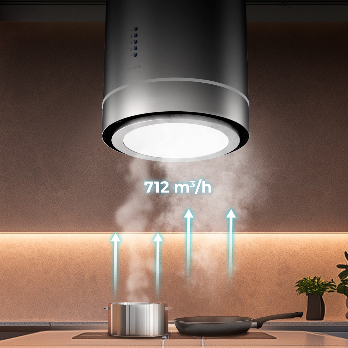 Moderna campana extractora negra sobre una estufa con vapor ascendente y flechas.
