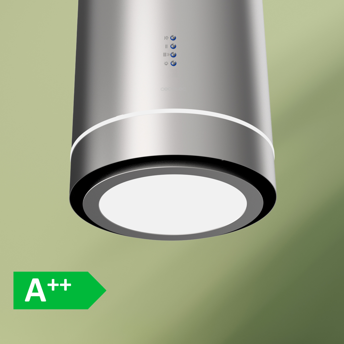 Campana extractora cilíndrica de acero inoxidable sobre fondo verde, con etiqueta de eficiencia energética A++.