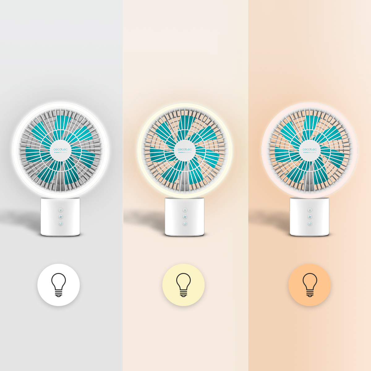 Drei weiße Tischventilatoren mit türkisblauen Blättern und integrierten LED-Leuchten in verschiedenen Lichtfarben.