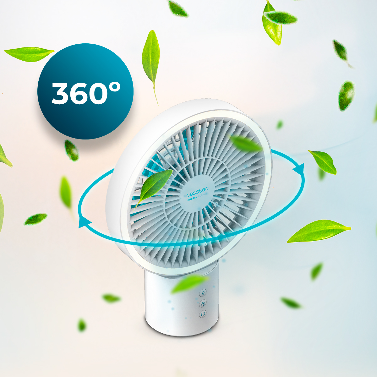 Ein weißer Tischventilator dreht sich im Kreis, umgeben von grünen Blättern und einem 360-Grad-Symbol.