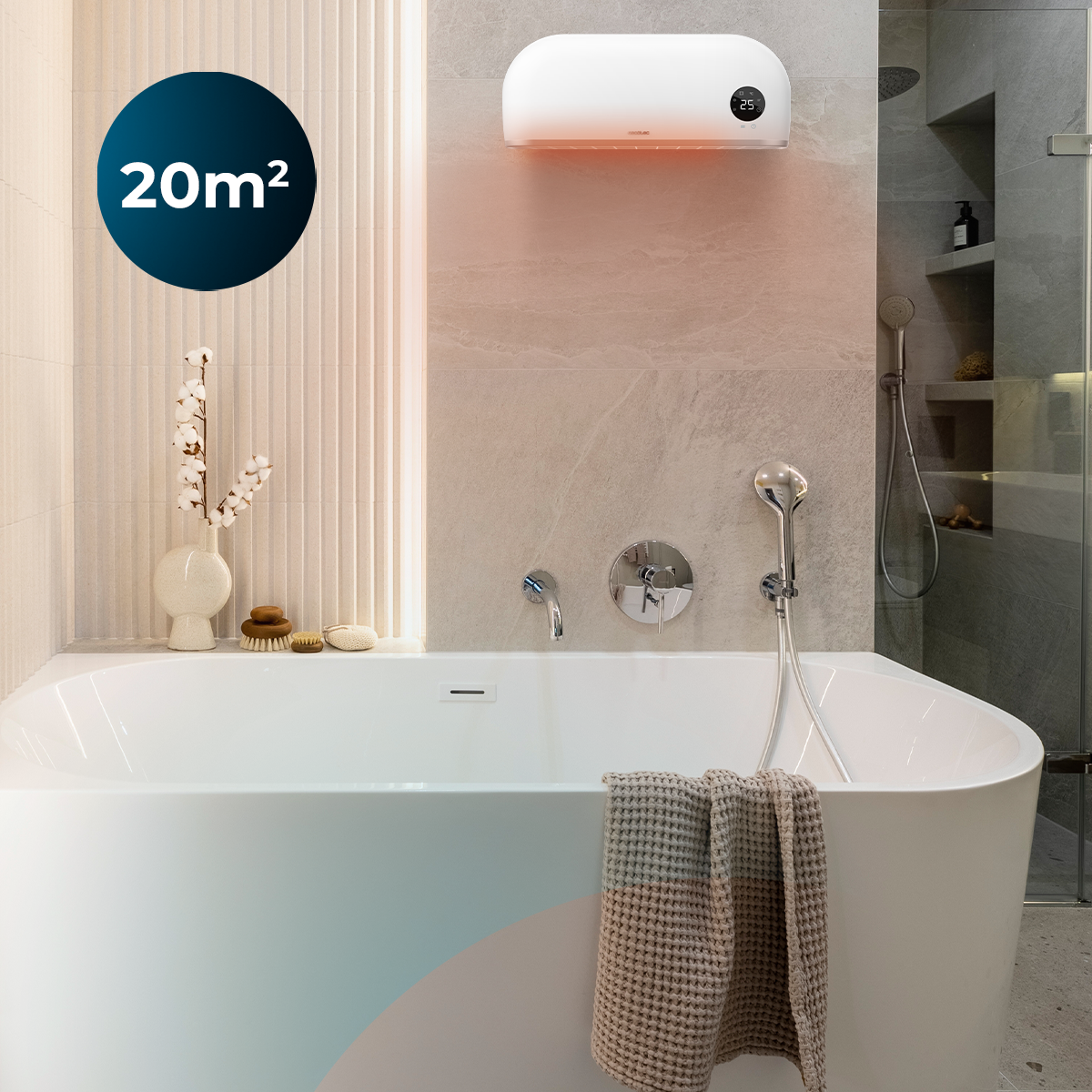 Un bagno moderno con vasca bianca, riscaldamento a parete e asciugamano.