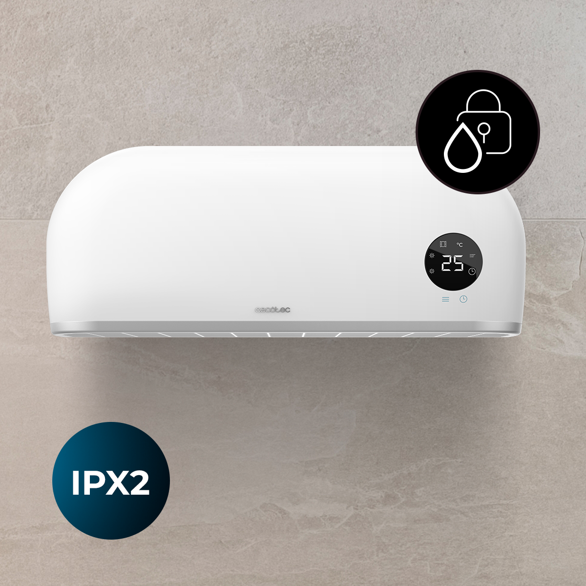 Termoventilatore da parete bianco con display LED e protezione IPX2 su sfondo grigio.