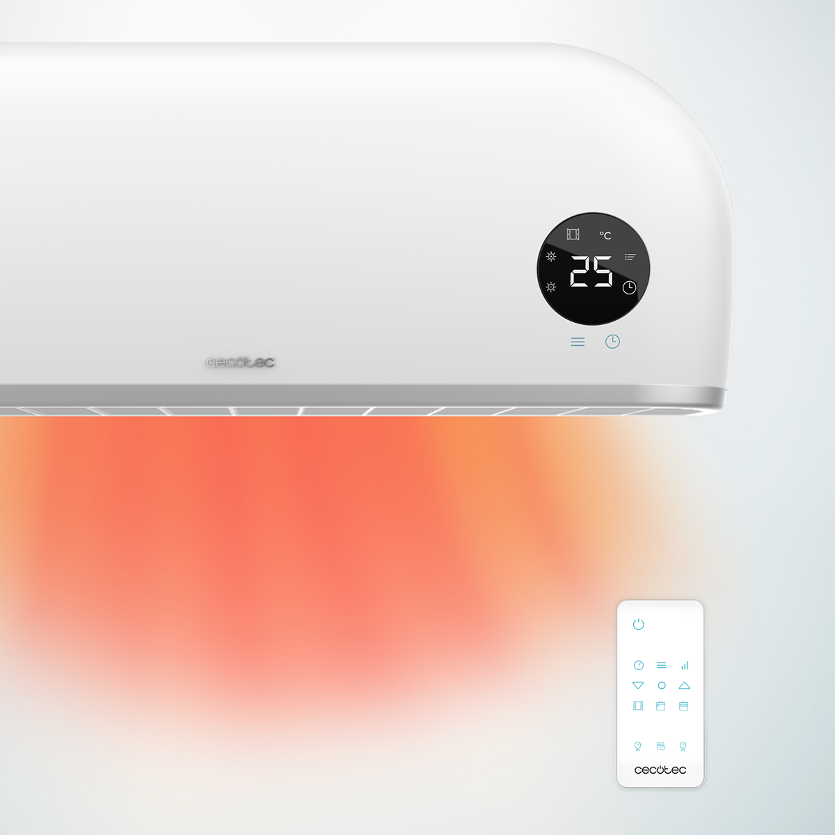 Termoventilatore da parete bianco con display digitale che mostra 25 gradi e telecomando.