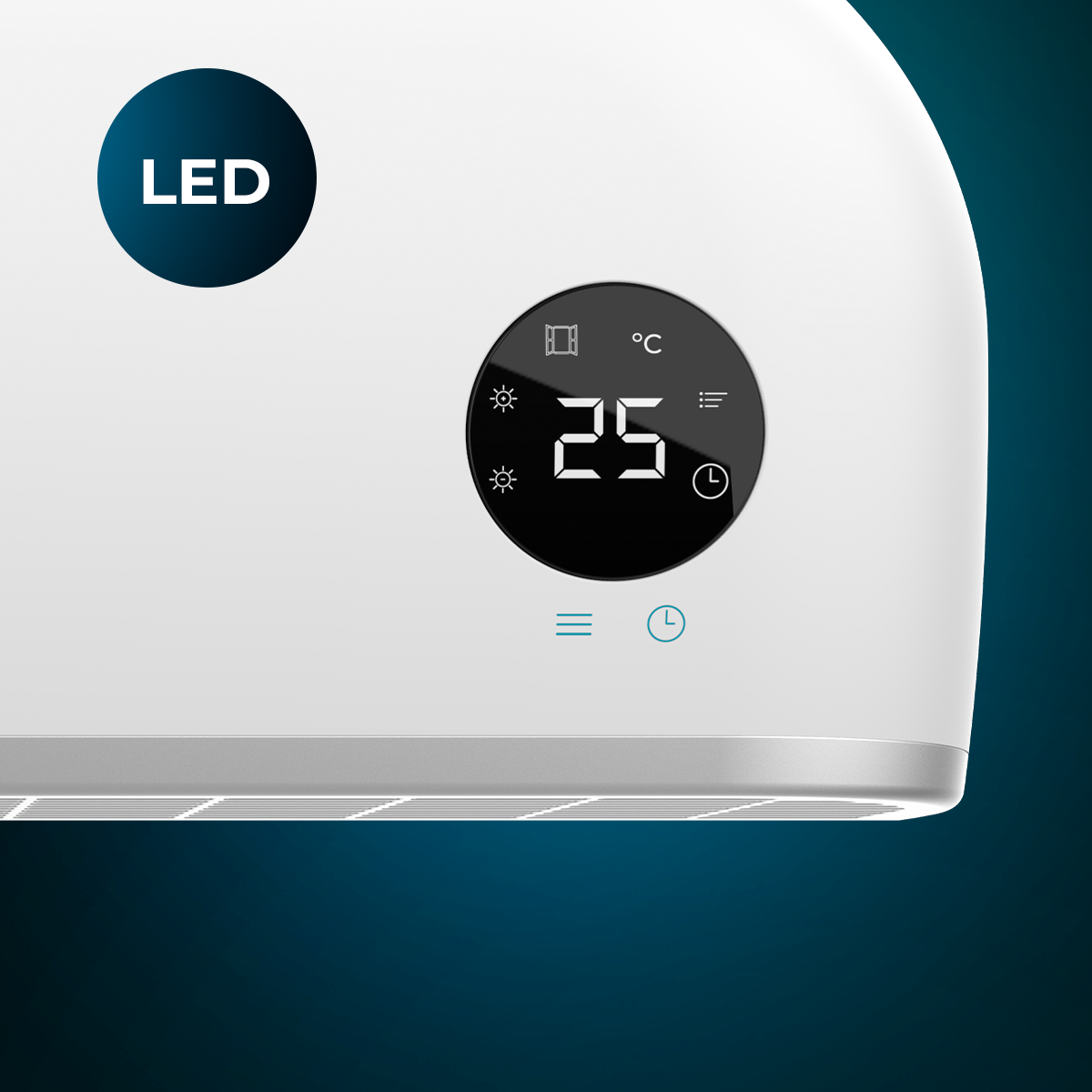Condizionatore d'aria bianco con display LED nero che mostra una temperatura di 25 gradi Celsius.