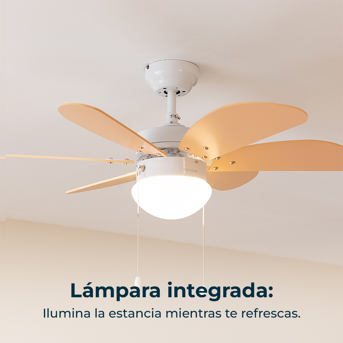 Weißer Deckenventilator mit hellbraunen Flügeln und integrierter Lampe an der Decke.