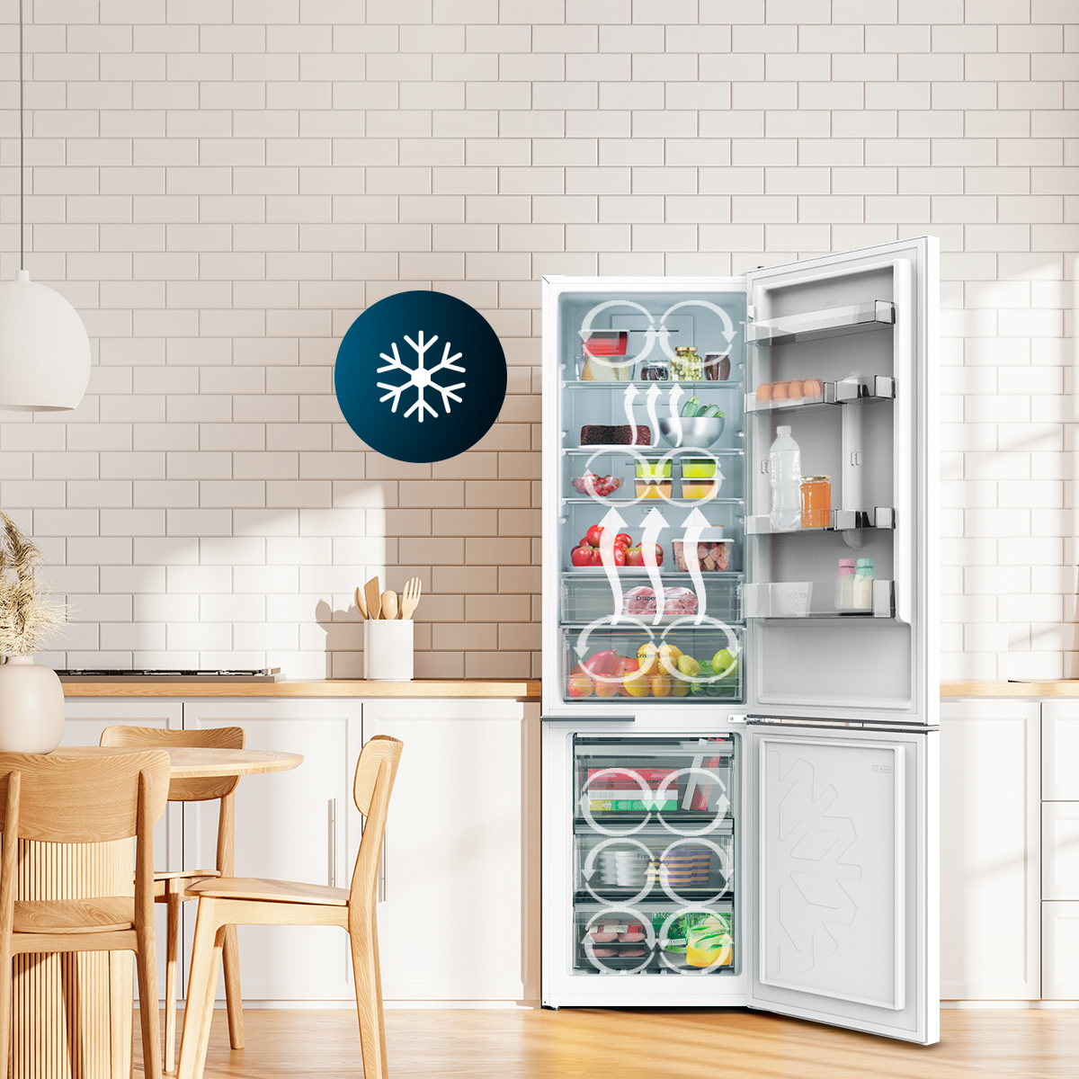 Frigorífico blanco abierto en una cocina moderna con gráficos de circulación y un icono de copo de nieve.