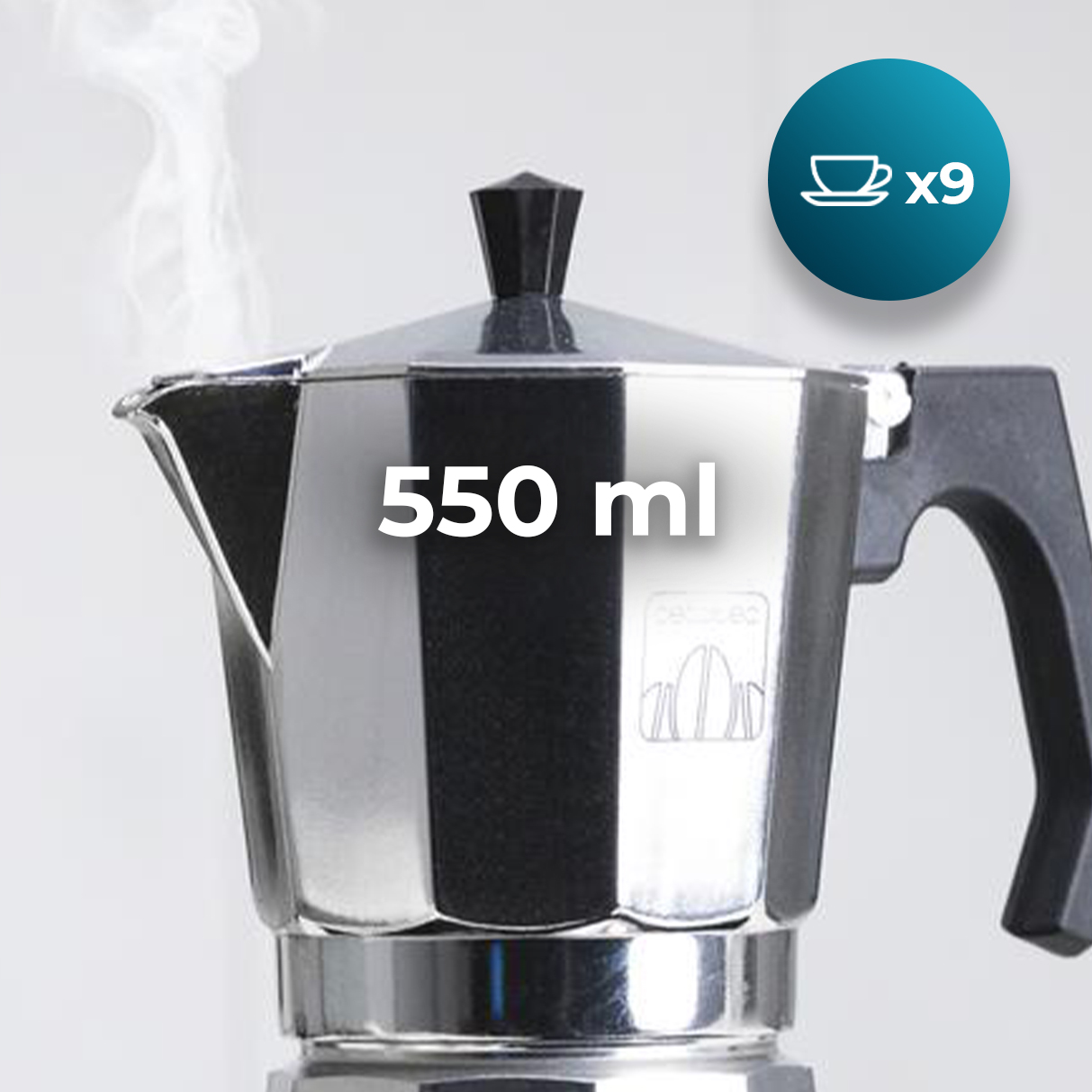 Glänzender Moka-Kaffeebereiter mit Dampf, 550 ml Fassungsvermögen und einem Symbol für 9 Tassen.