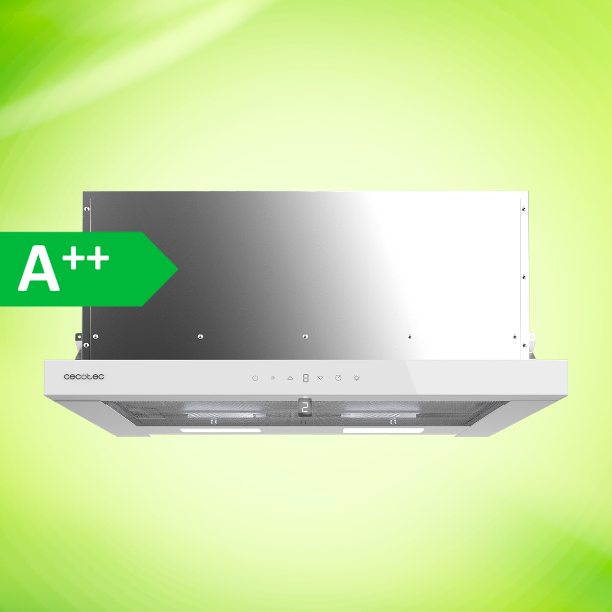 Campana extractora de acero inoxidable con etiqueta de eficiencia energética A++ sobre fondo verde.