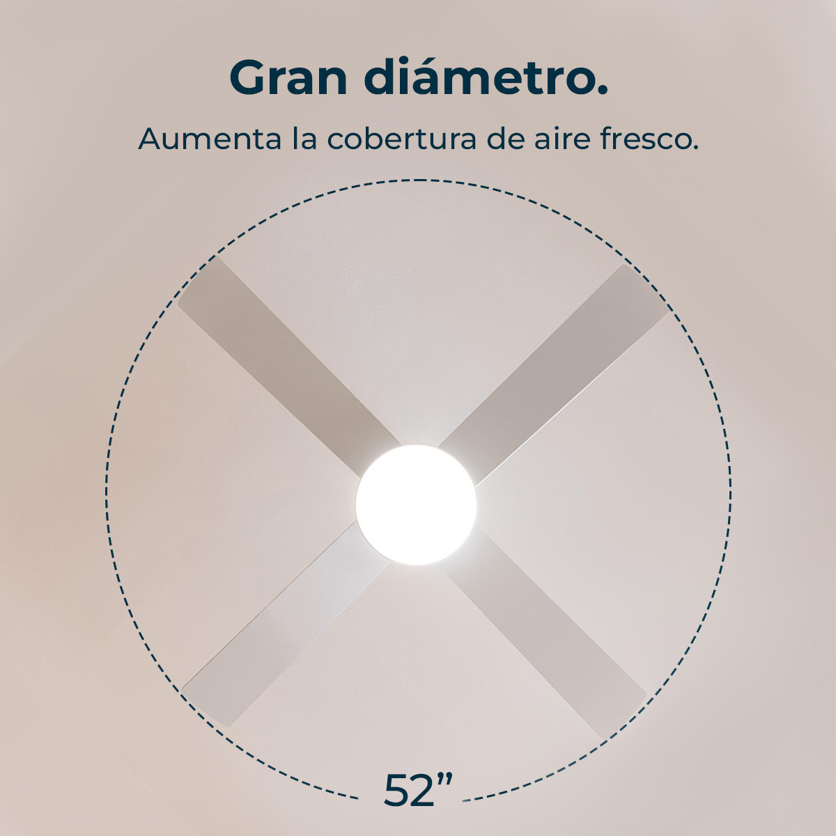 Vista inferior de un ventilador de techo de 52 pulgadas con cuatro aspas y luz central.