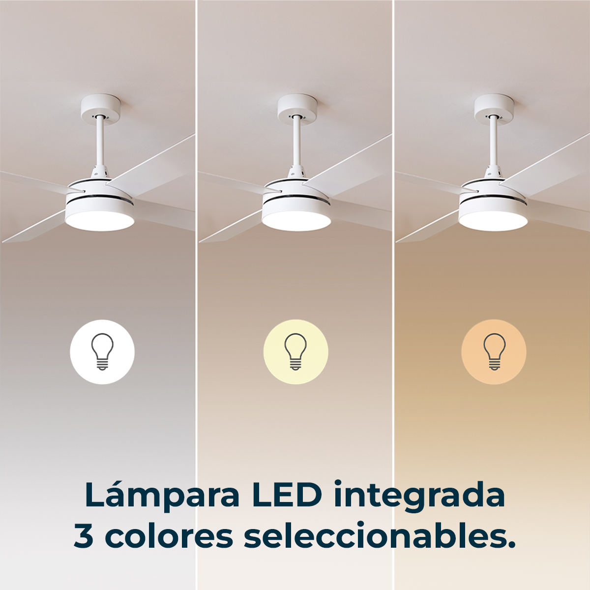 Ventilador de techo blanco con lámpara LED integrada y tres colores de luz seleccionables.