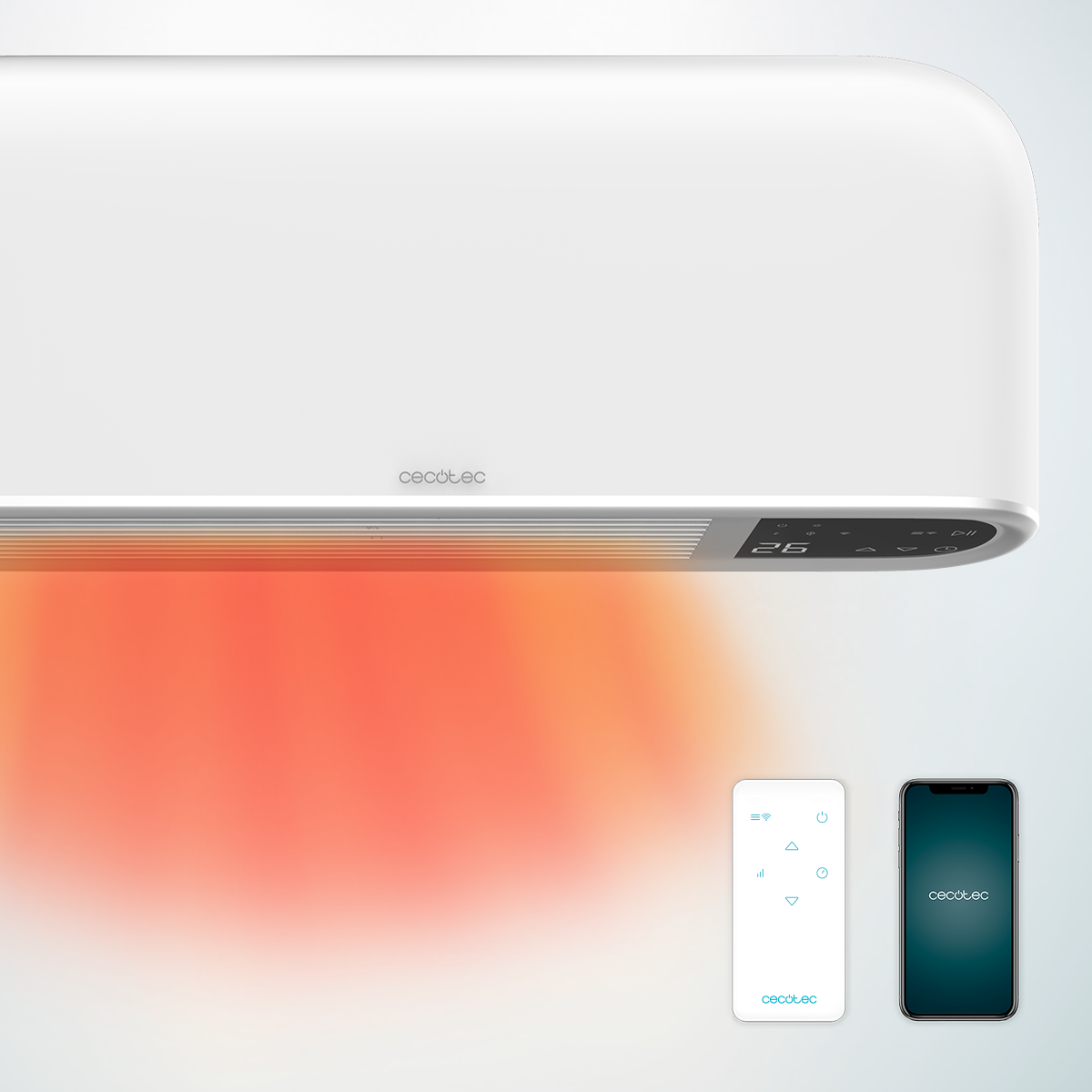 Un riscaldatore da parete bianco emette aria calda, accompagnato da un telecomando e uno smartphone.