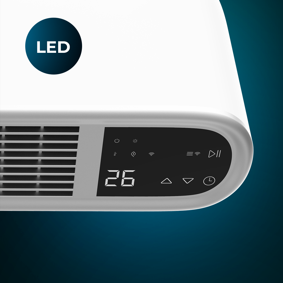 Stufa bianca con pannello di controllo LED nero che mostra 26 gradi su sfondo blu.