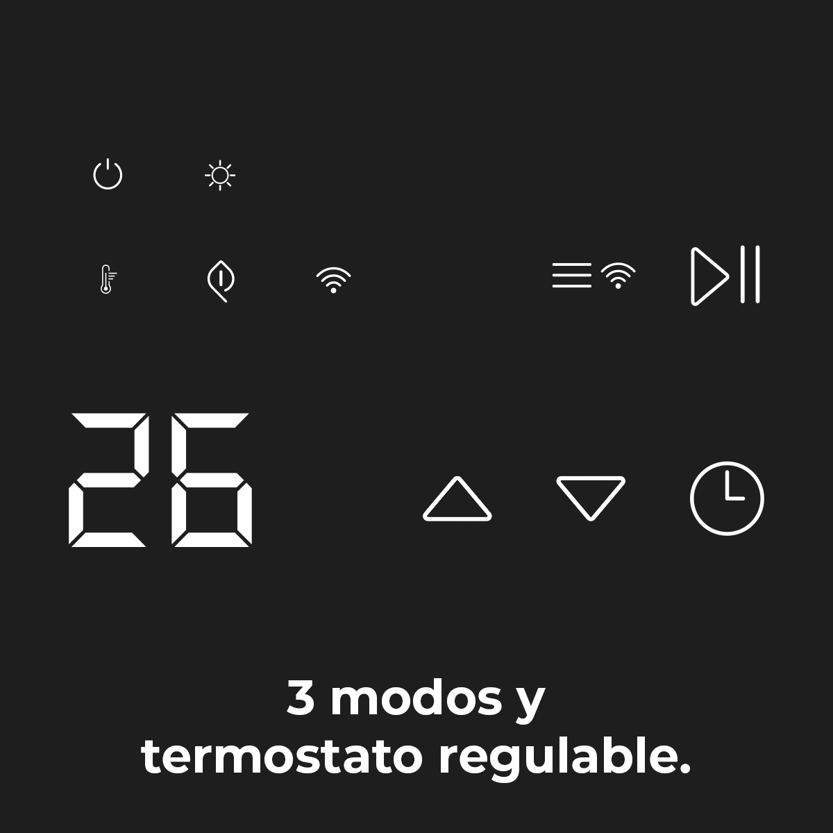 Pannello di controllo nero con display LED bianco che mostra 26 gradi, icone touch e testo in basso.