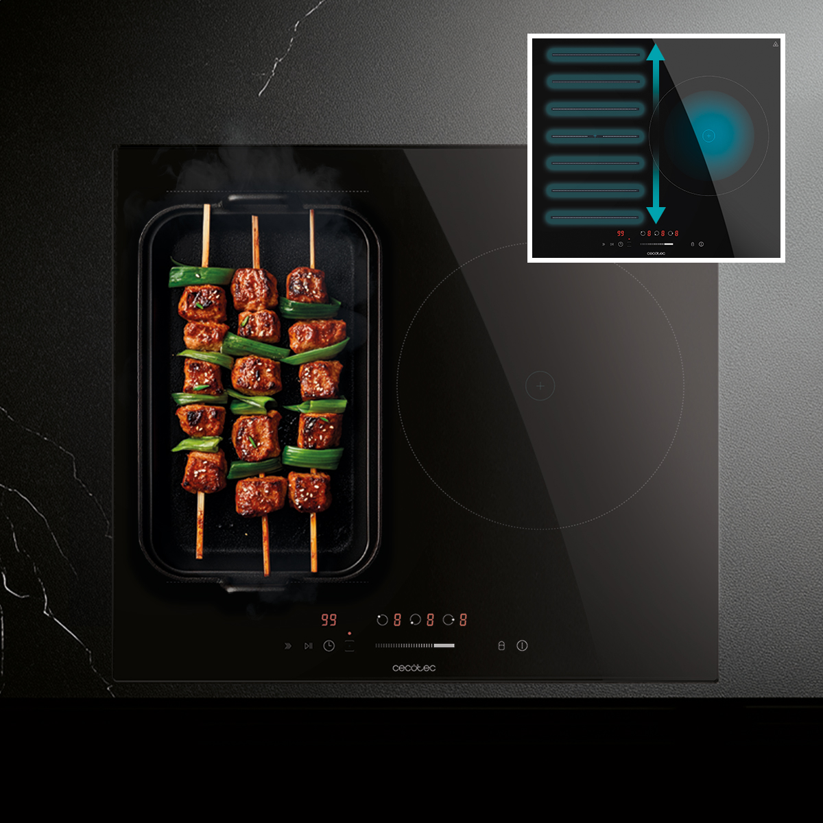 Una placa de inducción negra con sartén grill y brochetas a la izquierda y un diagrama arriba a la derecha.