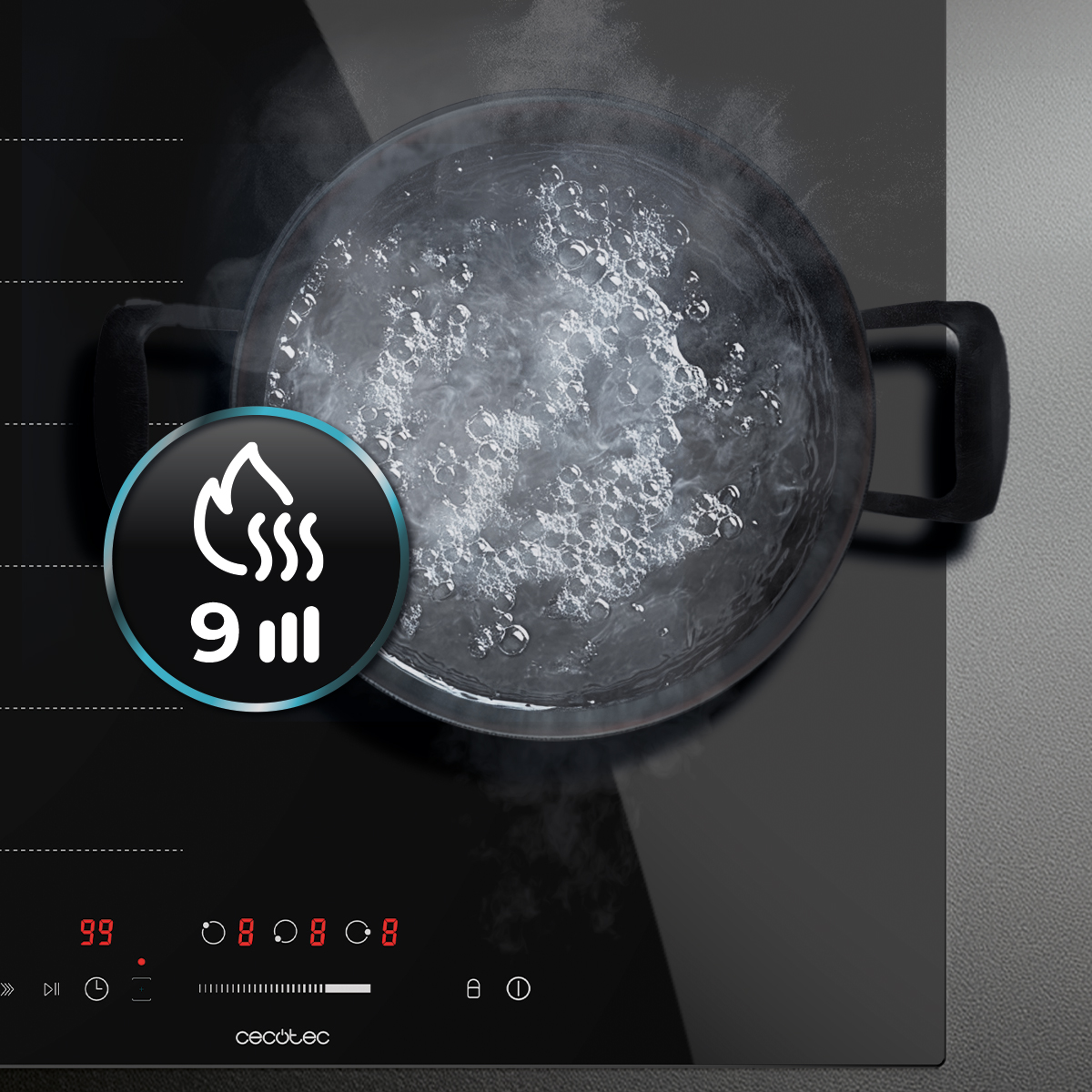 Una olla con agua hirviendo en una placa de inducción negra con indicador de potencia 9.