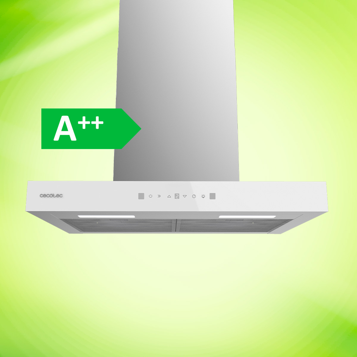 Moderna campana extractora de acero inoxidable con etiqueta energética A++ sobre fondo verde.