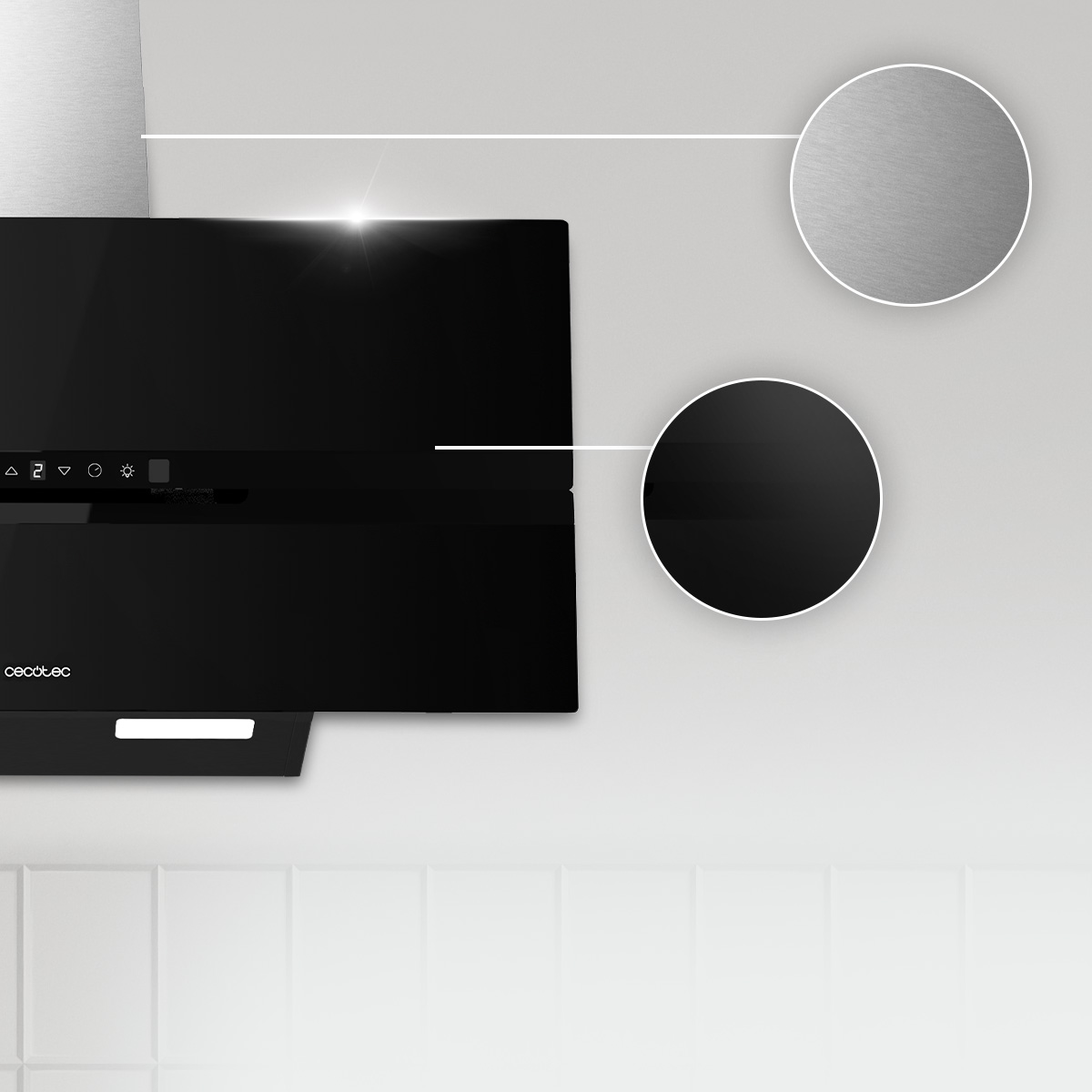 Campana extractora negra con detalles de acero inoxidable y controles integrados en la pared.