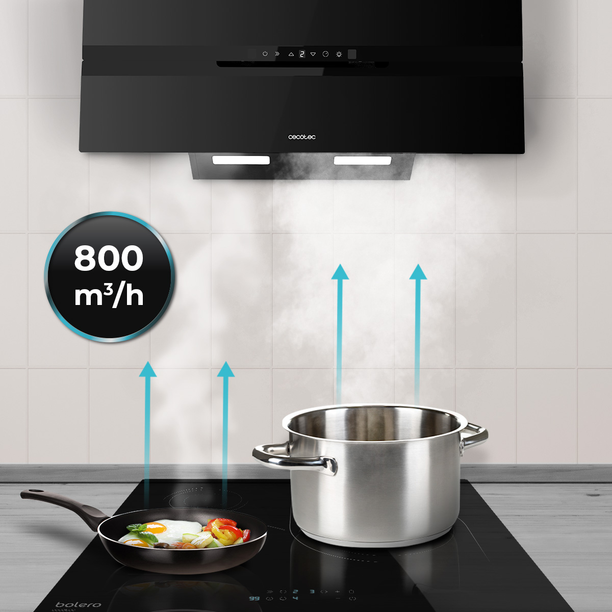 Campana extractora absorbe el vapor de una olla y sartén en una placa de inducción.