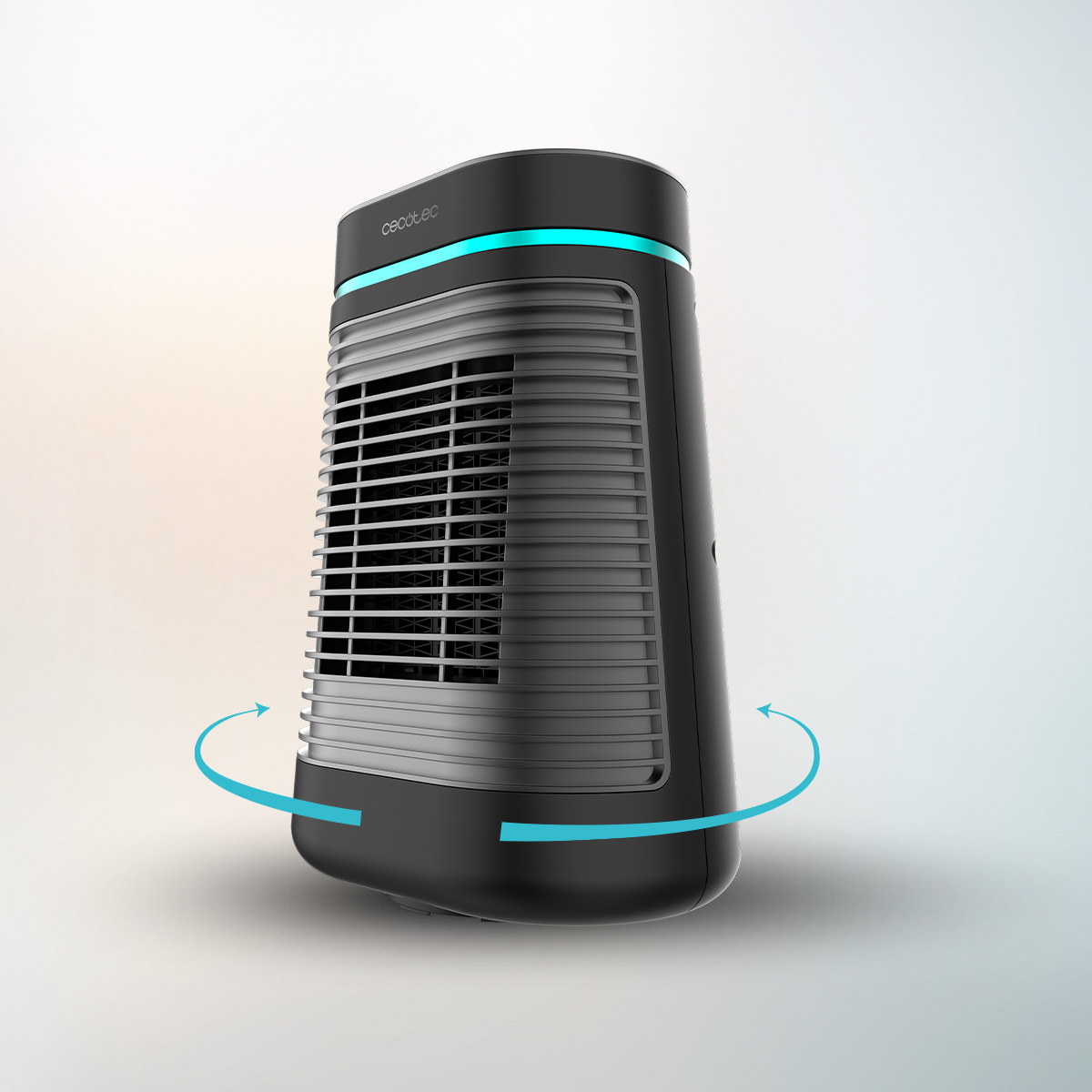 Un termoventilatore a torre nero con luce blu e frecce di rotazione su sfondo sfumato.