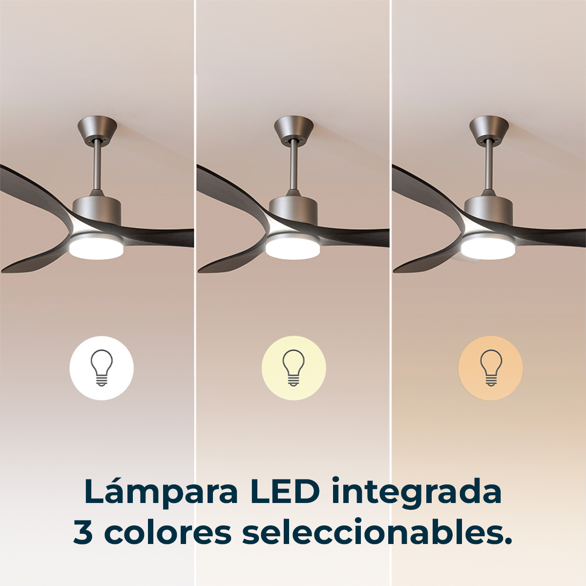 Ventilador de techo con lámpara LED integrada y tres colores seleccionables.