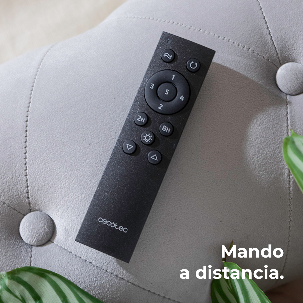 Mando a distancia negro sobre un sillón gris tapizado con hojas verdes de plantas.