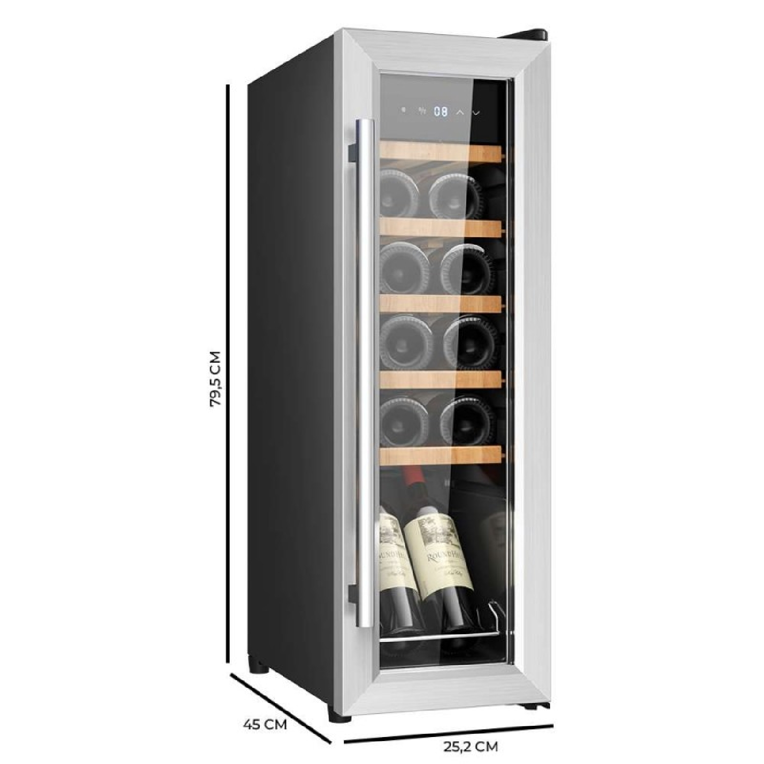 Una cantinetta per vino nera con porta in vetro e ripiani in legno, con dimensioni di 79,5 cm di altezza, 45 cm di profondità e 25,2 cm di larghezza.