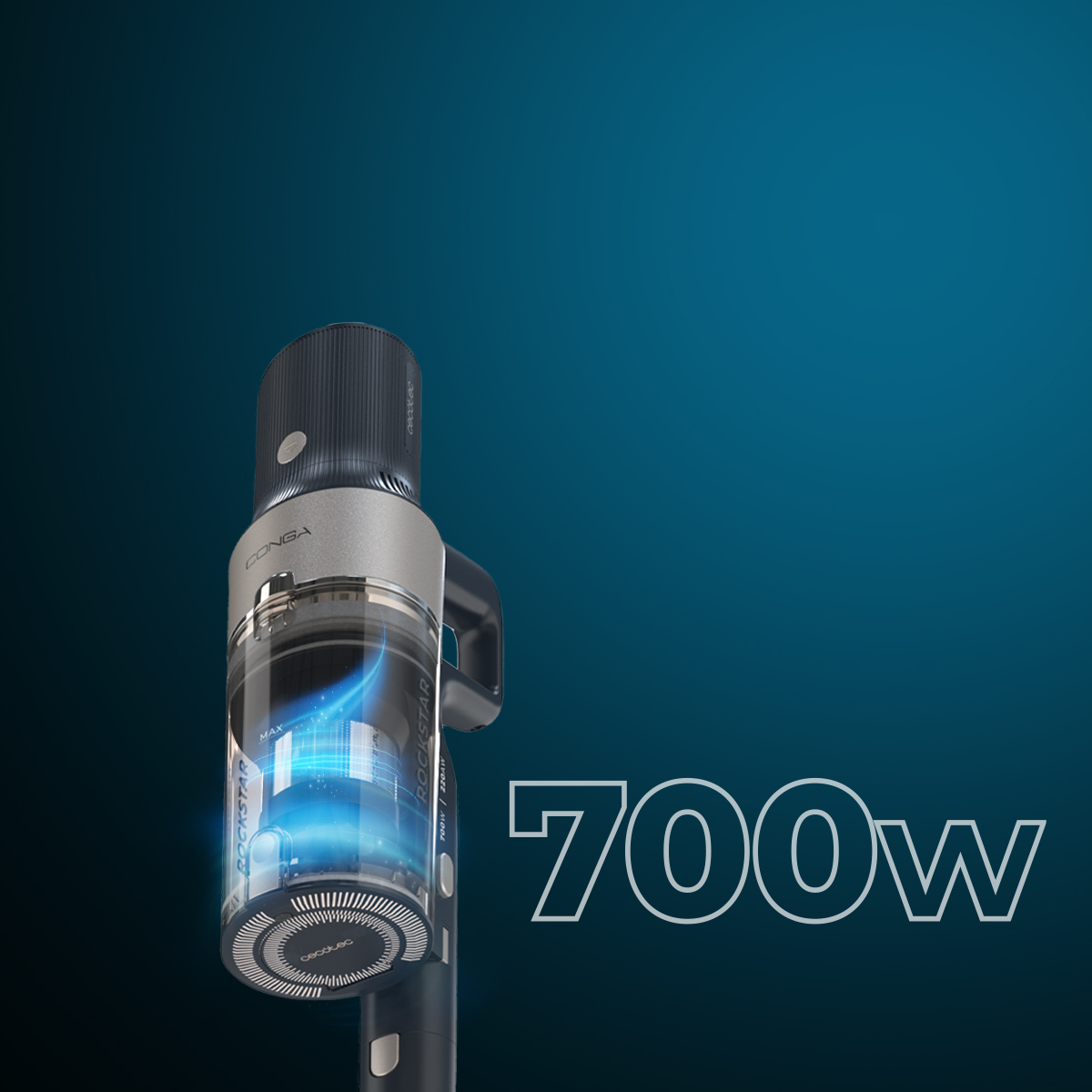 Un aspirapolvere senza fili nero e argento su sfondo scuro con la scritta 700W.