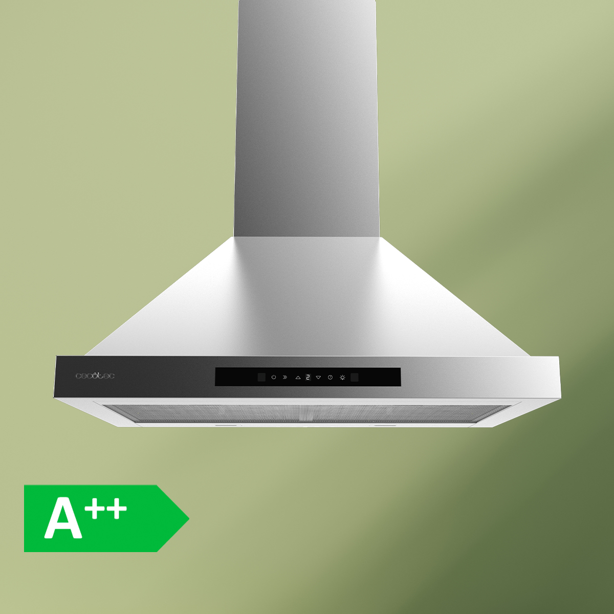 Moderna campana extractora de acero inoxidable con panel táctil negro y etiqueta de eficiencia energética A++ sobre fondo verde.