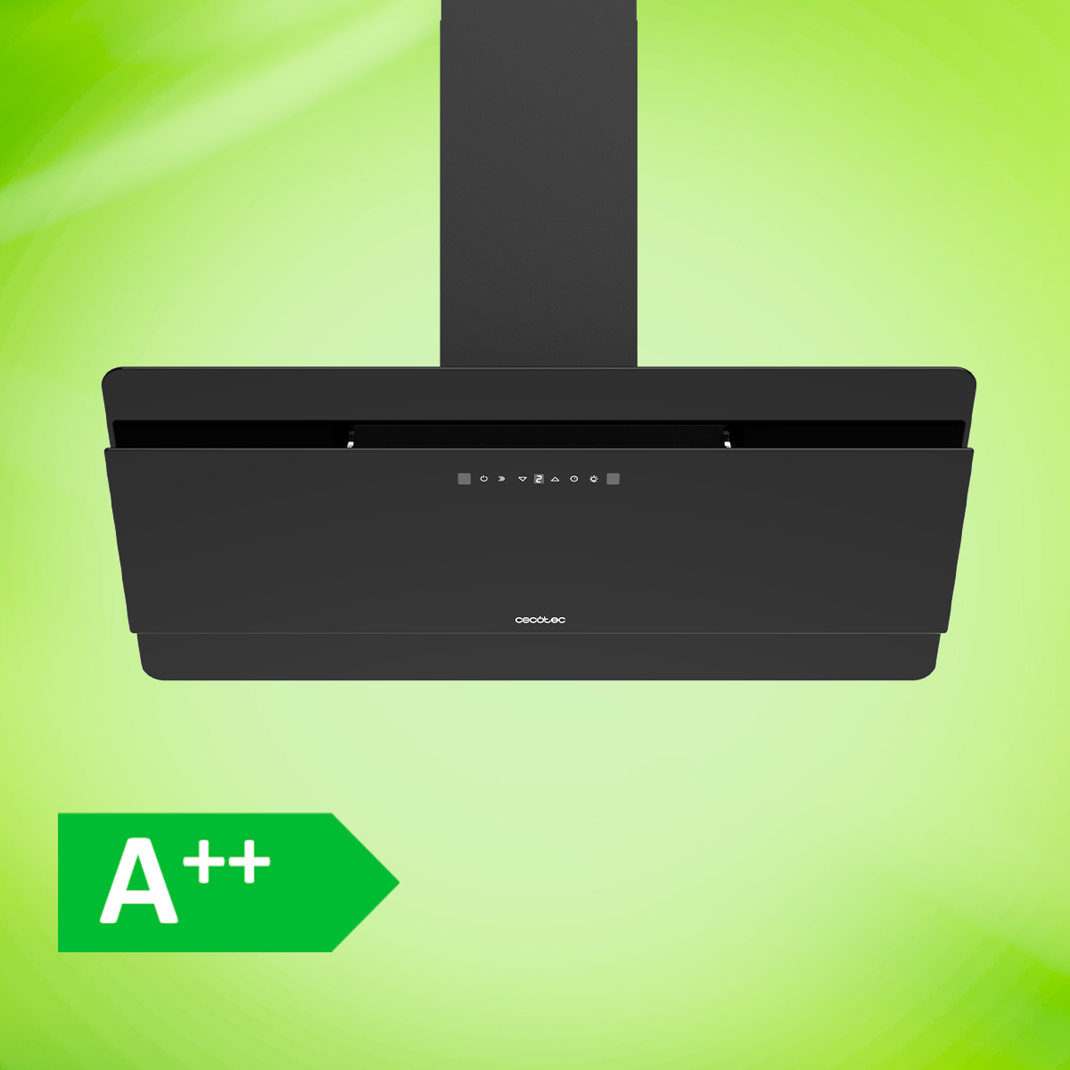 Una campana extractora moderna negra sobre fondo verde con etiqueta de eficiencia A++.