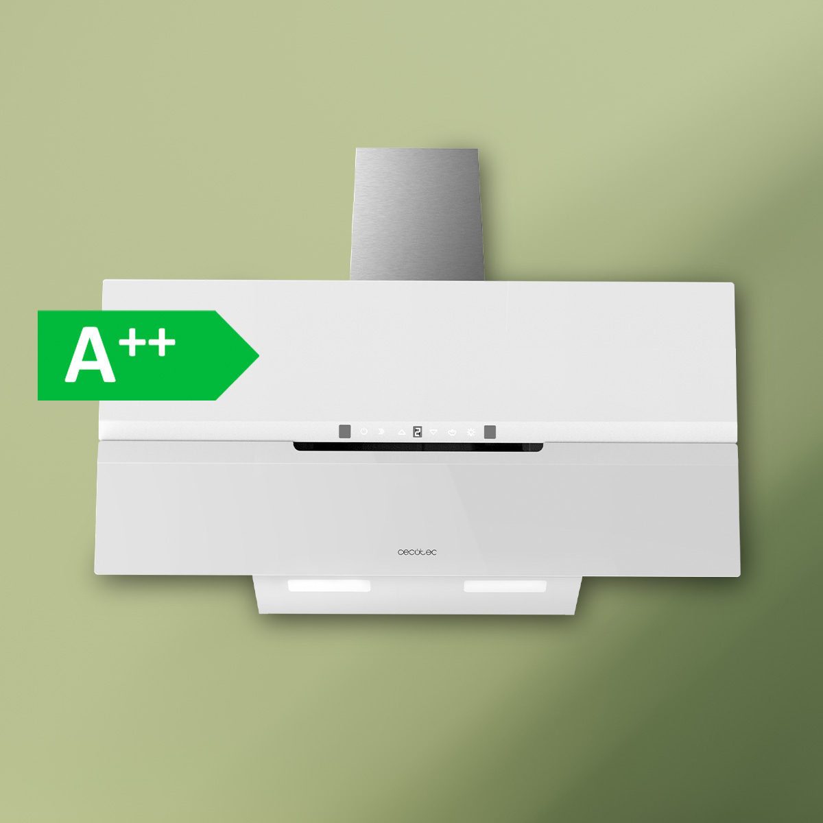 Campana extractora blanca en pared verde con etiqueta de eficiencia energética A++.