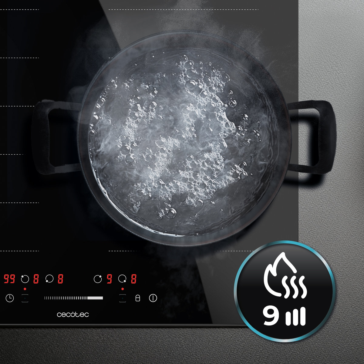 Una olla negra con agua hirviendo y vapor en una placa de inducción moderna con controles táctiles.