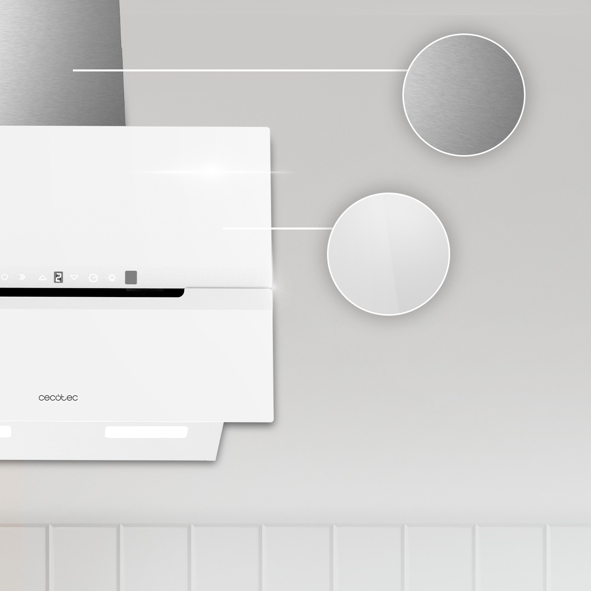 Moderna campana extractora blanca con detalles en acero inoxidable y panel táctil.