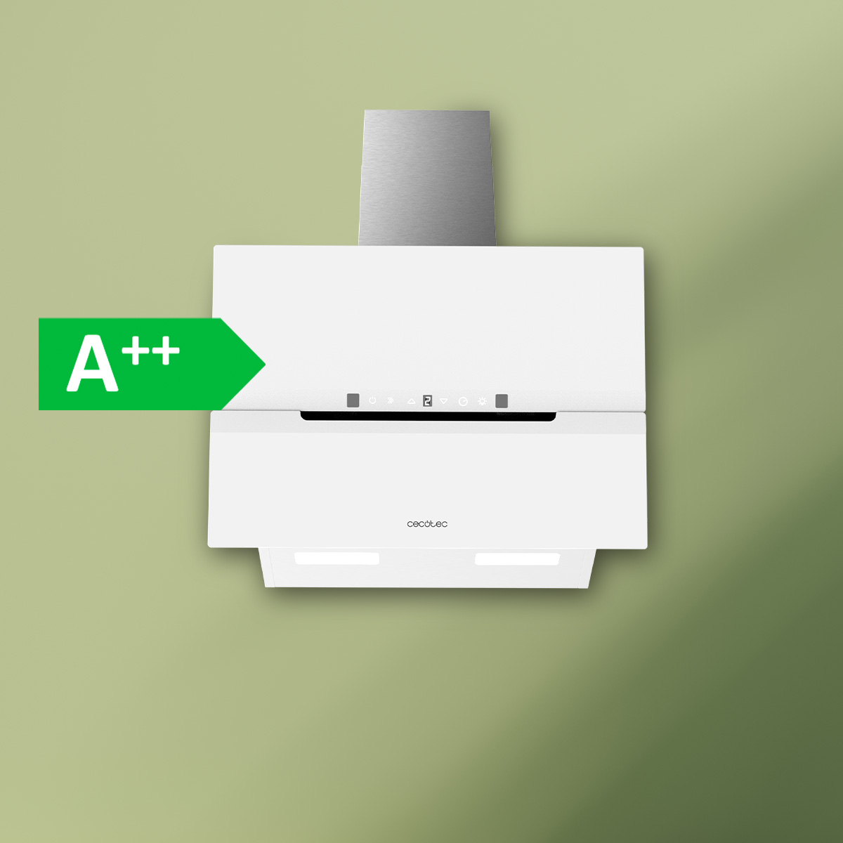 Campana extractora blanca con clase de eficiencia energética A++ sobre fondo verde.