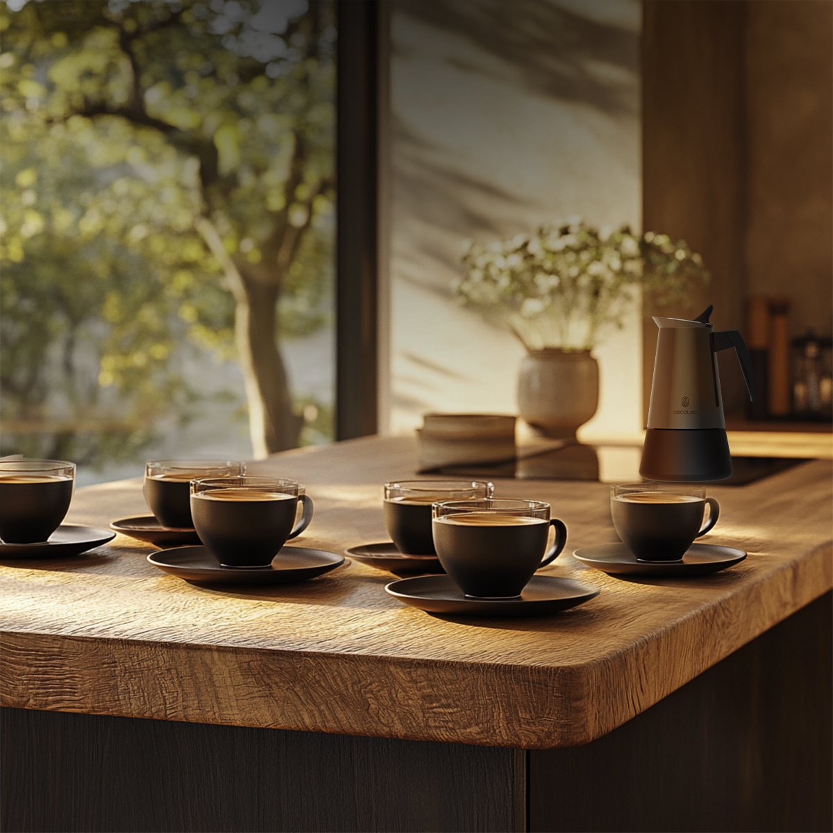 Varias tazas negras de café están dispuestas en una encimera de madera junto a una cafetera en una habitación soleada.
