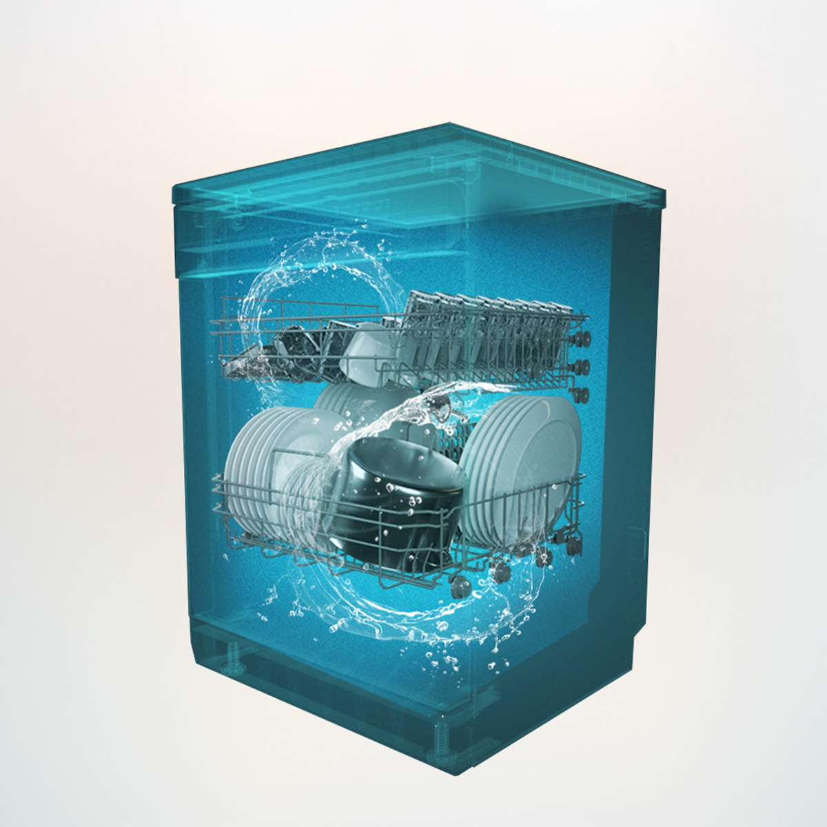 Lavavajillas transparente que muestra estantes llenos de platos y agua en remolino.