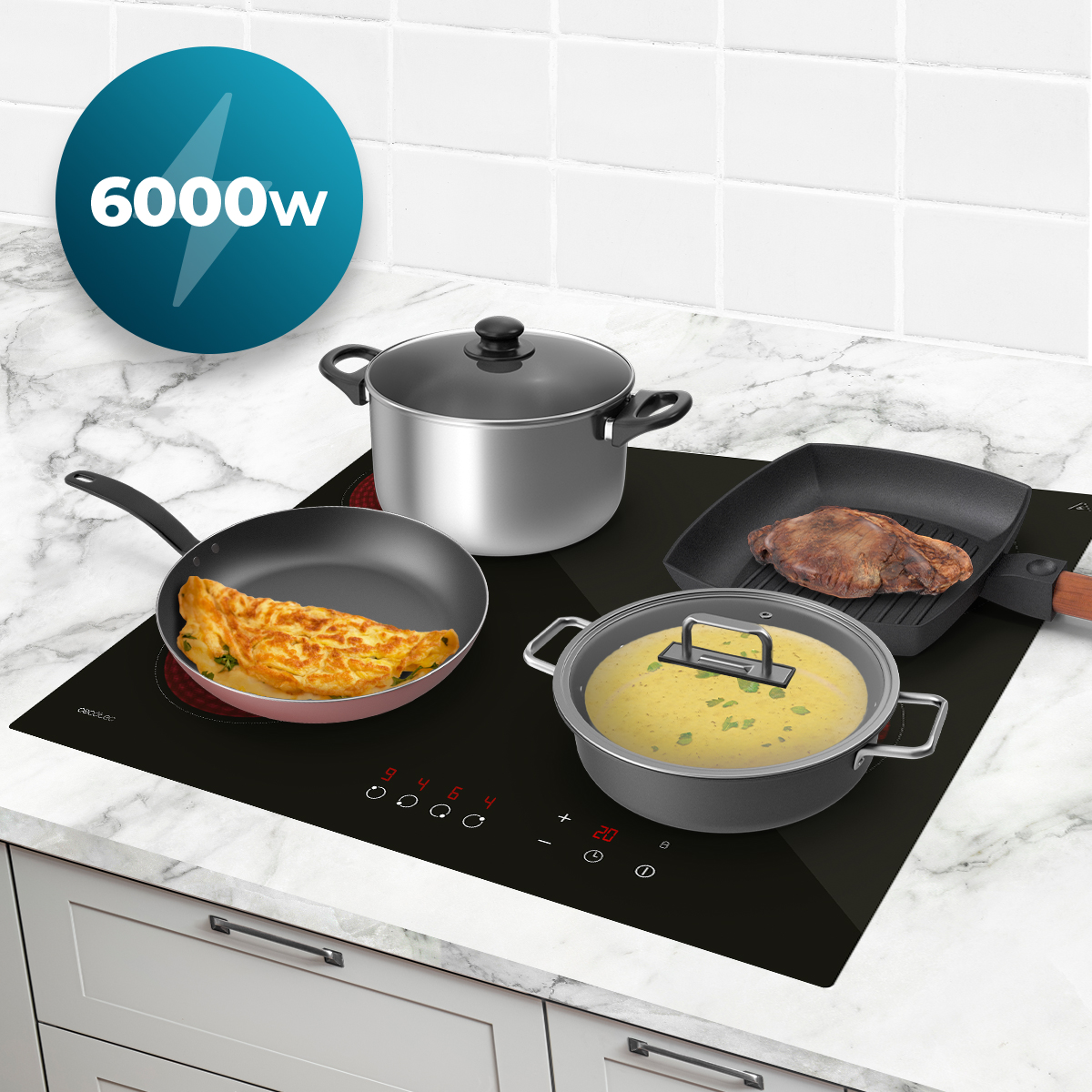 Una placa de inducción negra con ollas, sartenes, tortilla, bistec y sopa. Se ve un logotipo de 6000W.