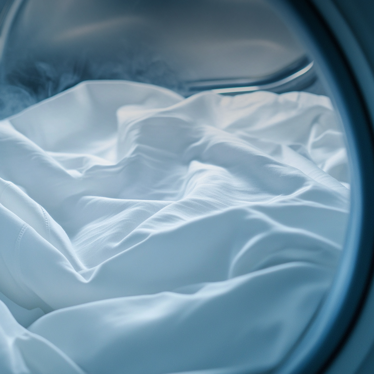 Vista a través de la escotilla de una lavadora que muestra ropa de cama blanca y arrugada en el interior.