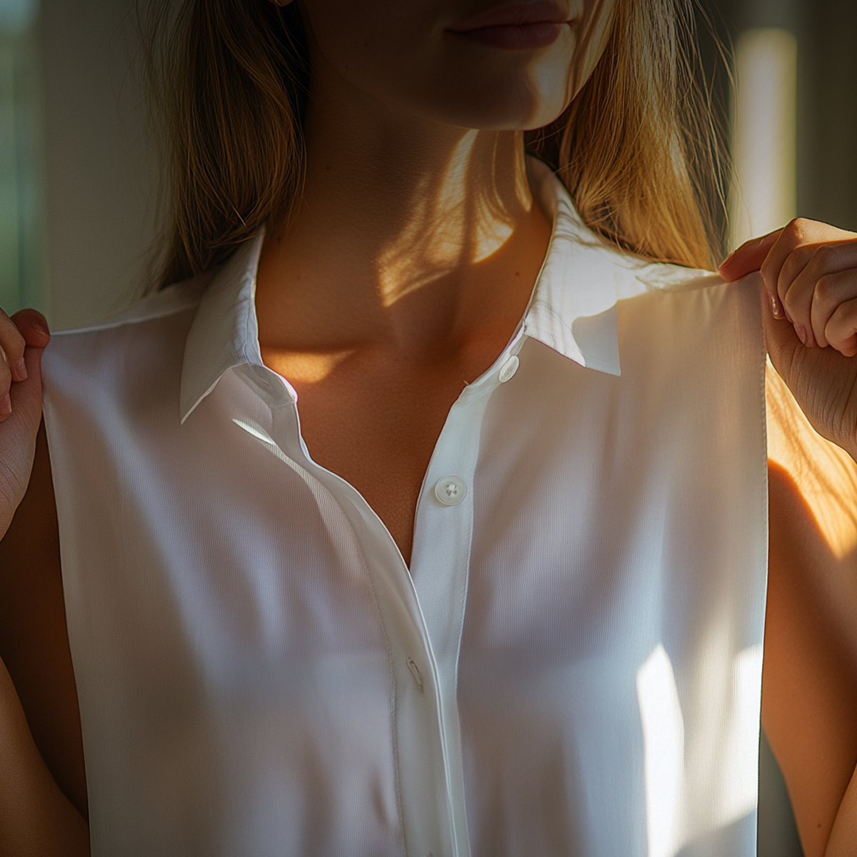 Una mujer con una camisa blanca sin mangas sostiene su cuello bajo la luz del sol.