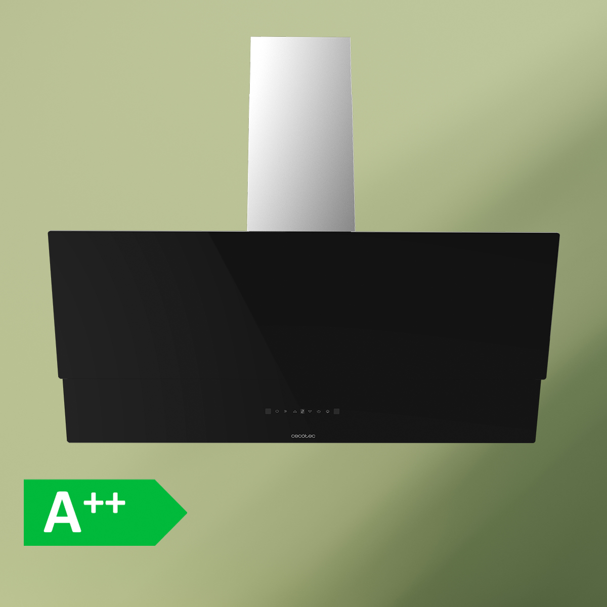 Moderna campana extractora negra con chimenea de acero inoxidable sobre fondo verde y etiqueta de eficiencia A++.